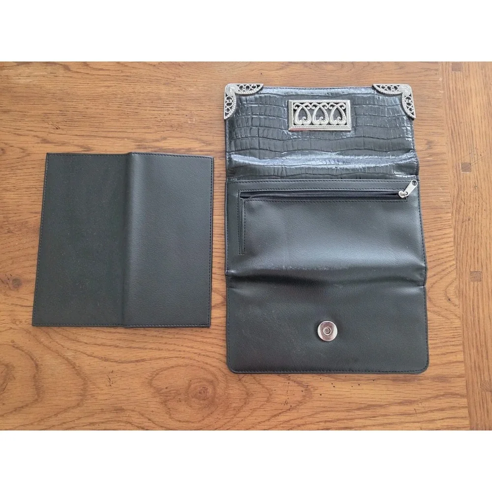Designer Metal Heart Accent Black Faux Croc‎ Leather Wallet With Checkbook Cover